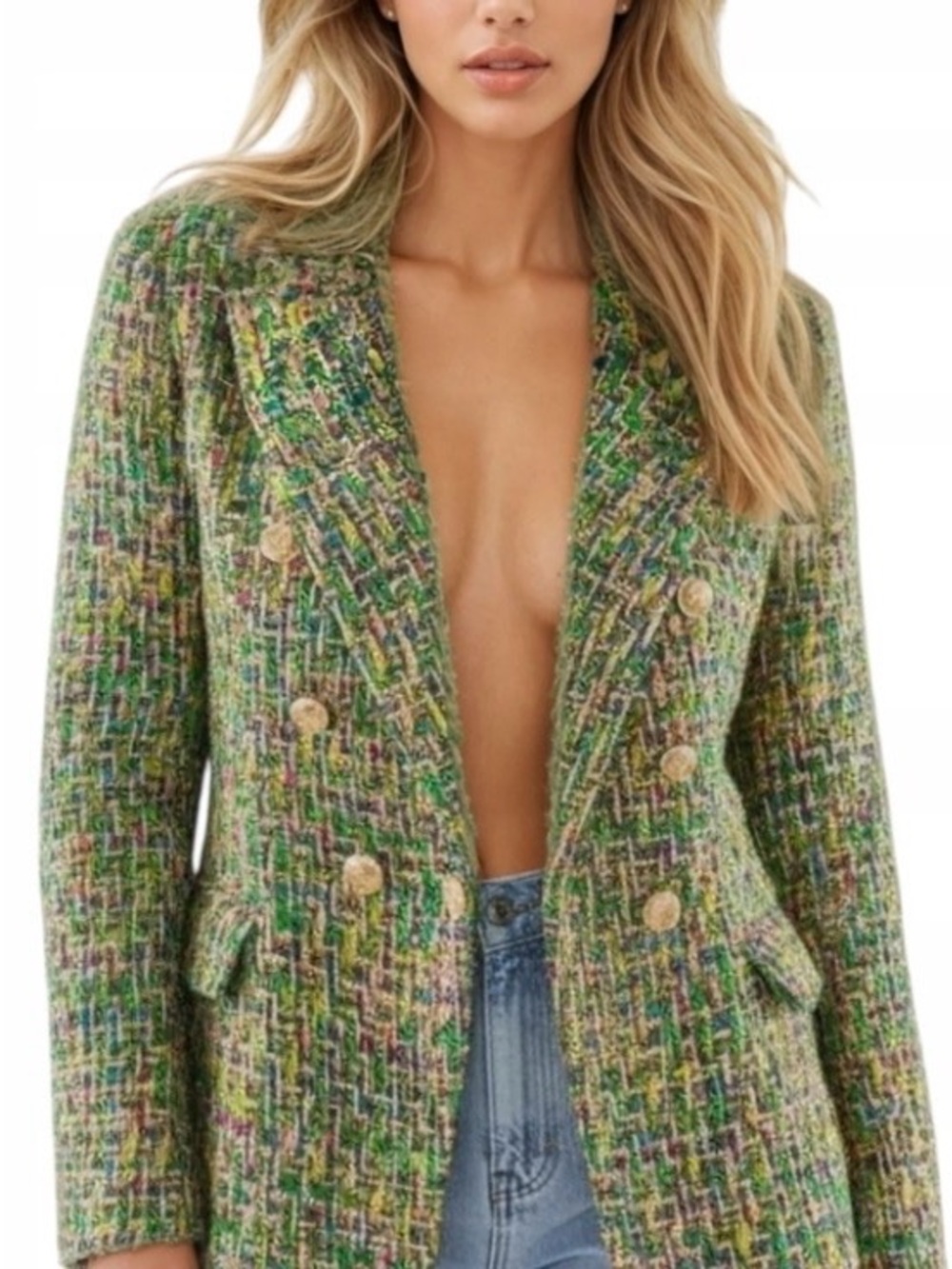 ATTENTIF Green Tweed Double-Breasted Women's Blazer with Gold Buttons
